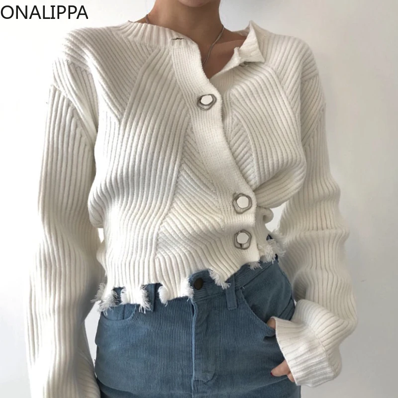 

ONALIPPA Irregular Ragged Cardigan Autumn Korean Niche Temperament Round Neck Chic Three-Button Pit Strip Long-Sleeved Sweater