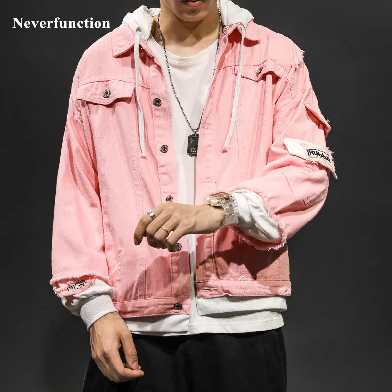 Джинсовая куртка мужская с капюшоном рваная джинсовая имитацией двух предметов