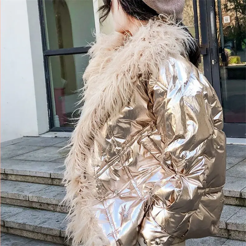 

2019 Winter Jackets and Coats Women Large Fur Collar Patchwork Loose Parkas Outerwear Waterproof Glossy Jackets Fashion f1796