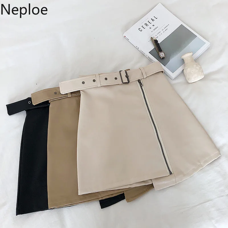Neploe осень зима диагональная молния необычная кожаная юбка Модная высокая талия
