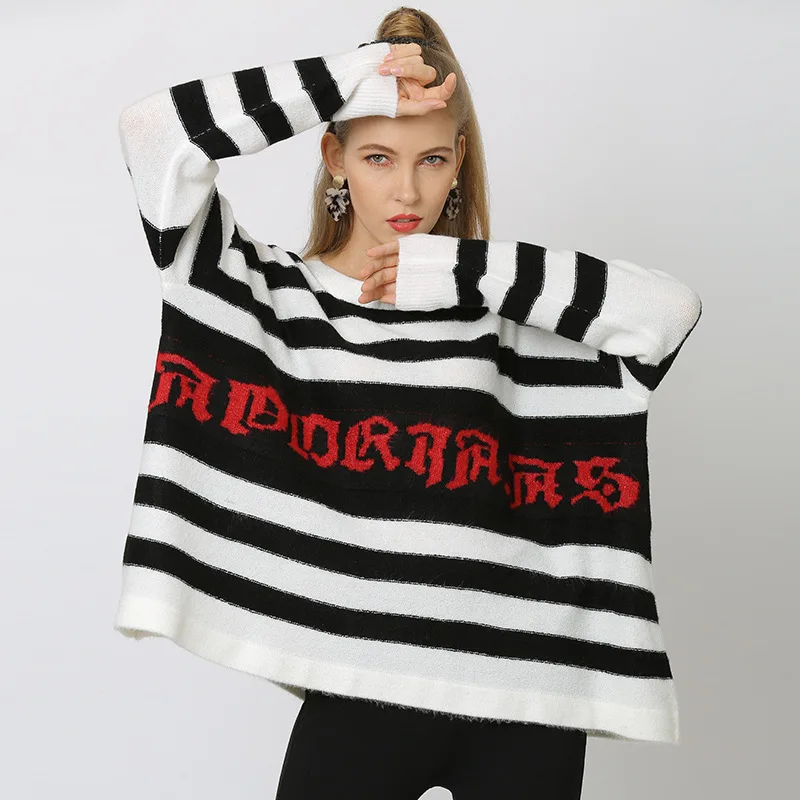 

Повседневный свитер большого размера, женские римские строчки, топы, Свободная трикотажная одежда с длинным рукавом, Женский вязаный пулов...