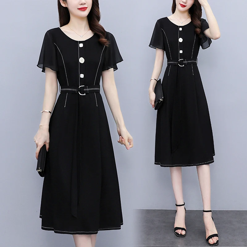 

Korean Style Chiffon Black Patchwork Women's Dress O-Neck Office Lady Short Sleeve Fashion Midi Dresses Ladies