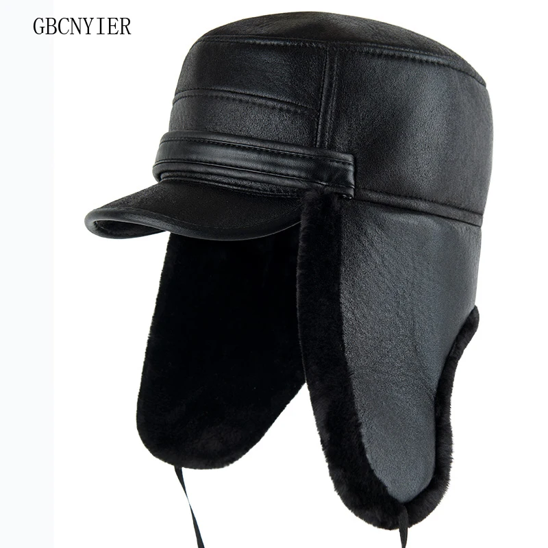 GBCNYIER Fur Male Warm Winter Cap Outdoor Winter Sports Keep Warm Hat Ear Protection Men Leisure Sunhat Leather Thick