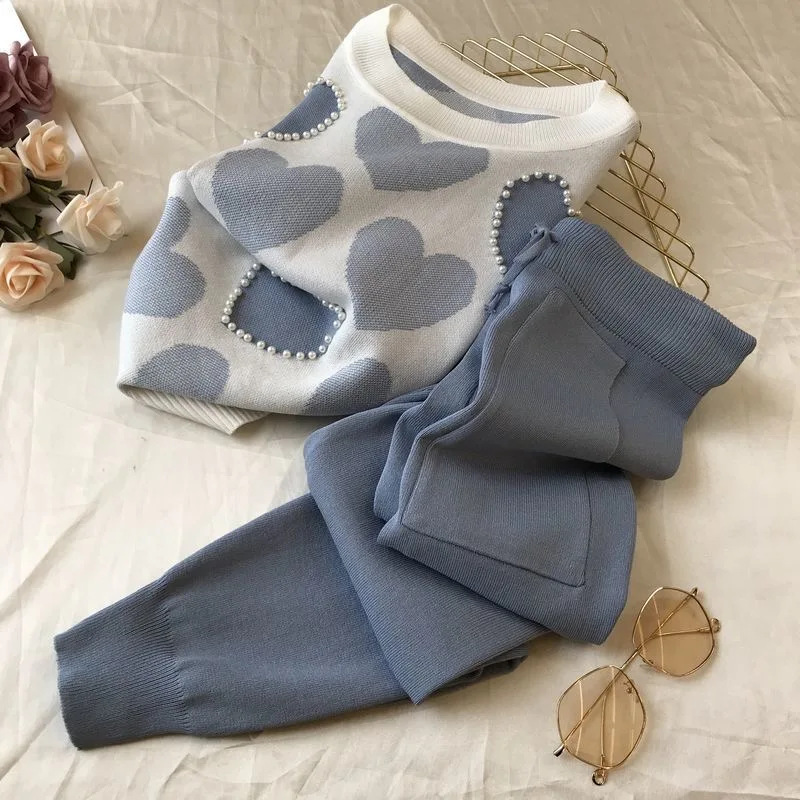 

Korean summer Love printed knitted 2 Piece Set Women short sleeve beading Sweater Female tops+pants Suit pink casual Tracksuit