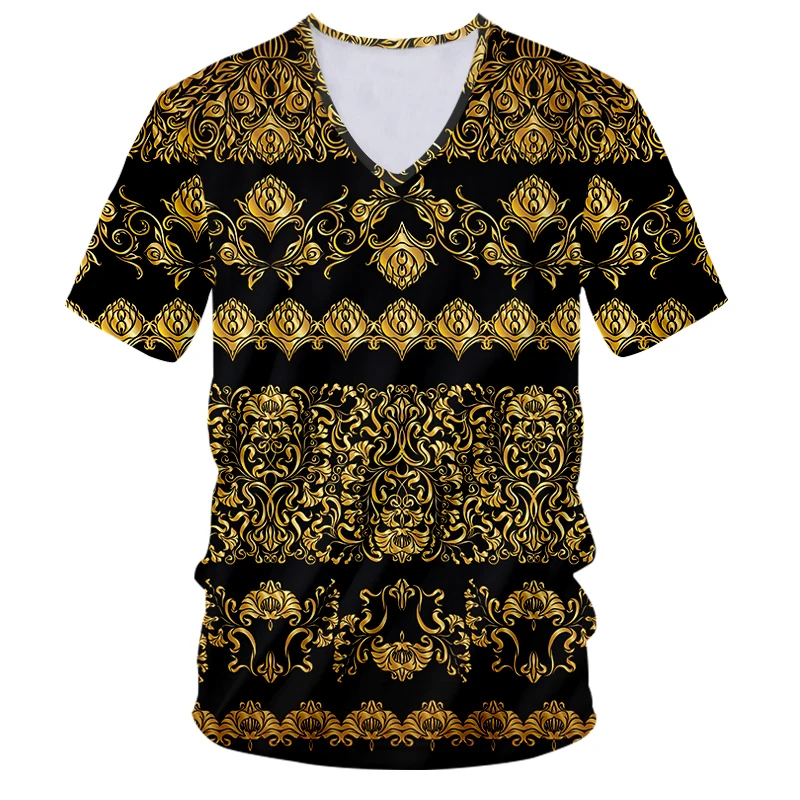 

Футболка IFPD мужская с V-образным вырезом, рубашка с золотым цветочным принтом, с коротким рукавом, роскошная мужская одежда в стиле барокко, ...
