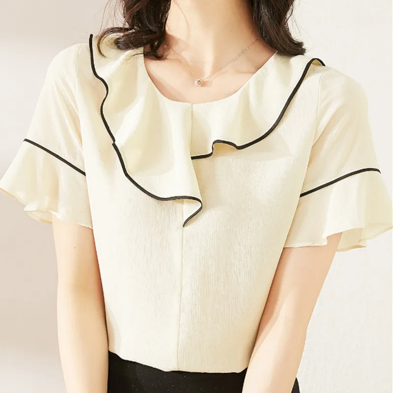 

Korean Fashion Women Blouses Woman Chiffon Ruffled Blouse Shirts Women Solid Blouses Top Plus Size Blusas Femininas Elegante 2XL