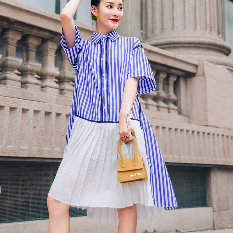 LANMREM Полосатое женское плиссированное платье с коротким рукавом и контрастной