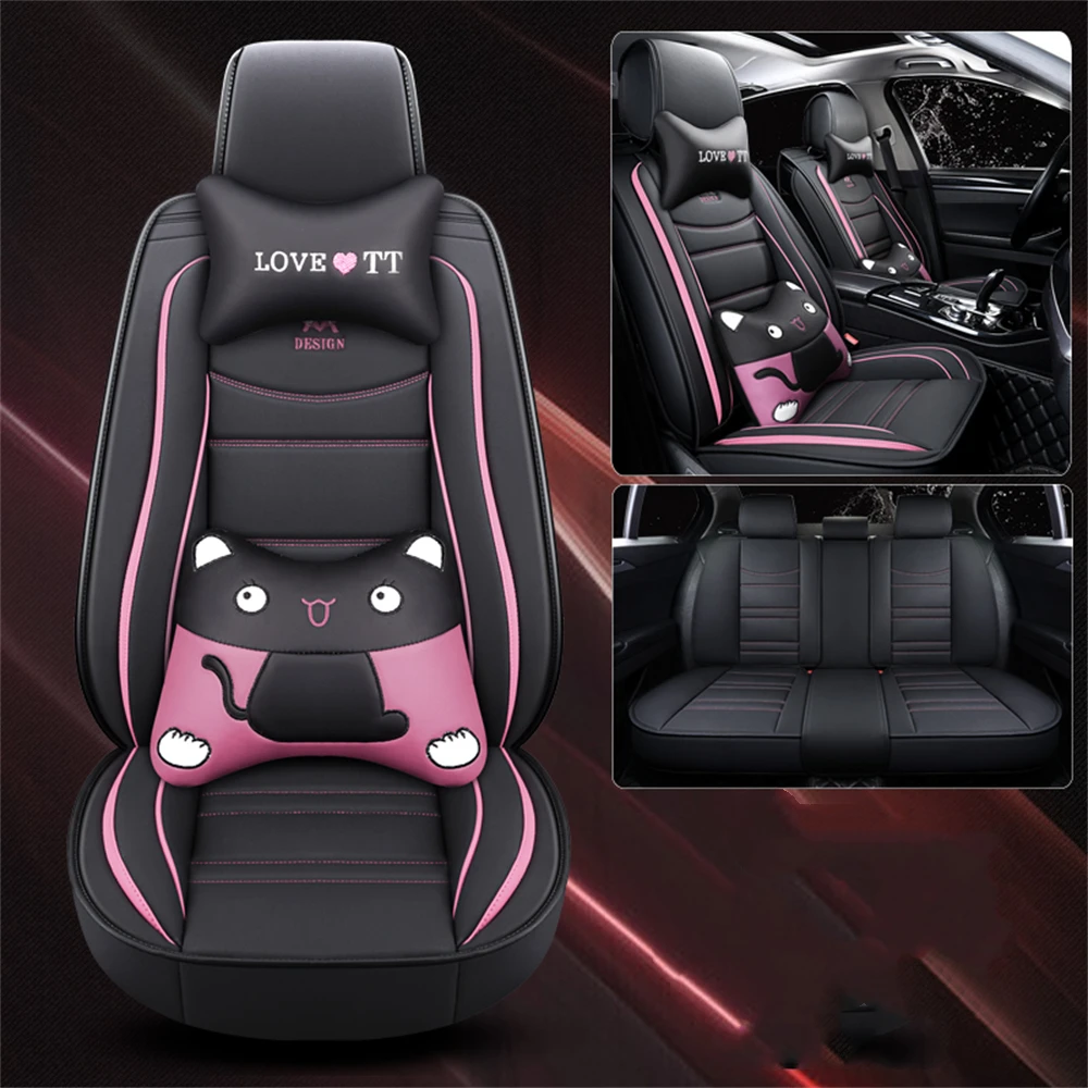 

Leather/ice Silk Car Seat Covers Set Cat Pattern Fit Most Car Wear-resistant Dirt-resistant Universal Car Seat Protector Cushion