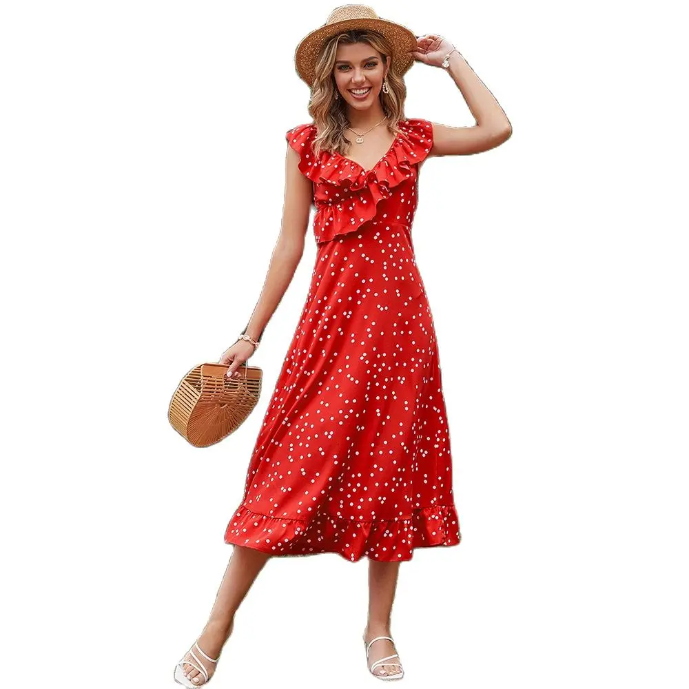 

New Design Good Quality Fashion Hot Selling Women's High-Waist Printed Red Ruffled Slim-Fit Polka-Dot V-Neck Sleeveless Dress