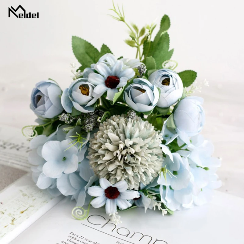 Meldel Fake Flower Bouquet 7 Heads Hydrangea Flowers Artificial Silk Blooming Rose Peony Pompon Bride Wedding Decoration | Свадьбы и