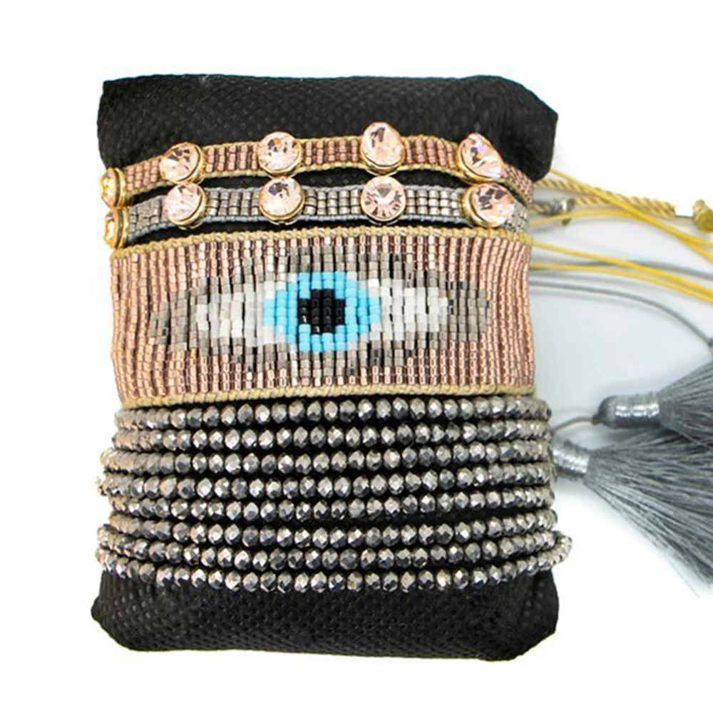 

ZHONGVI Evil Eye Bracelet For Ladies Multilayer Crystal Pulsera Fashion Rhinestone Jewelry Adjustable Miyuki Bracelets Girl Gift