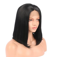 silky straight short bob natural jet black lace front synthetic wig for black women with baby hair pre plucked adjustable strap