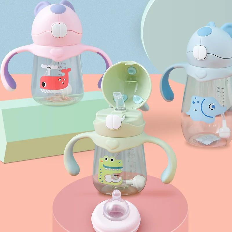 Children's Catapult Cartoon Mole Animal Creative Glass Non-Slip Drop-Resistant Food-Grade Feeding Bottle