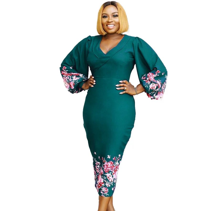 

Plus Size Women Bodycon Dress Elegant Floral Dress for 2021 New Puff Sleeve Party Dresses Work Wear Package Hip Office Ladies