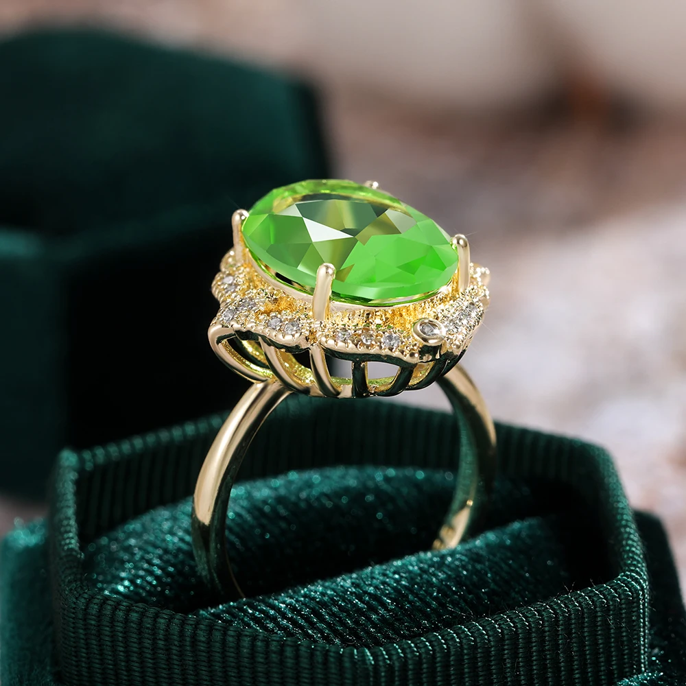 

Abrillancy Green Stone Women Rings for Golden Lotus Pedestal Elegant Evening Party Ring for Gift Mom Daily Wear Jewelry