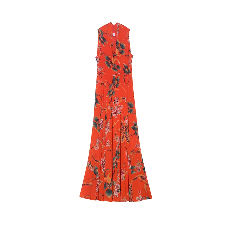 

High Quality 2021 Summer Dress For Women V Collar Floral Printed Sleeveless Women Chiffon Long Dress Plus Size
