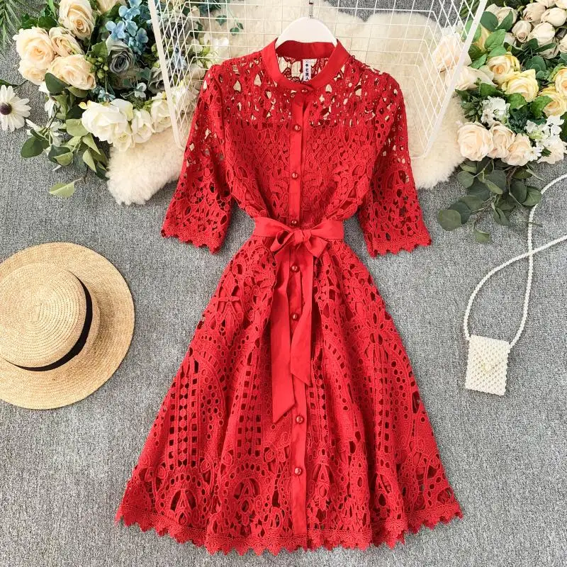 

FTLZZ New Elegant Lace Hollow Out Dress Summer Women Button With Belt Slim High Waist Dress Office Lady Vintage A-line Dress