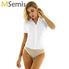 Женские сексуальные деловые рубашки, боди, комбинезон с коротким рукавом и пуговицами, прозрачный сетчатый комбинезон, Эротическая блузка для взрослых и малышей, боди, комбинезон