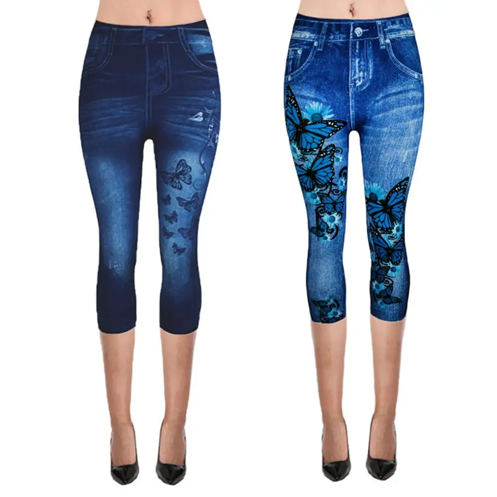 

Womens Plus Size Fake Jeans Capri Pants Retro Wash Color Butterfly Denim Print Leggings High Waist Cropped Elastic XS-3XL