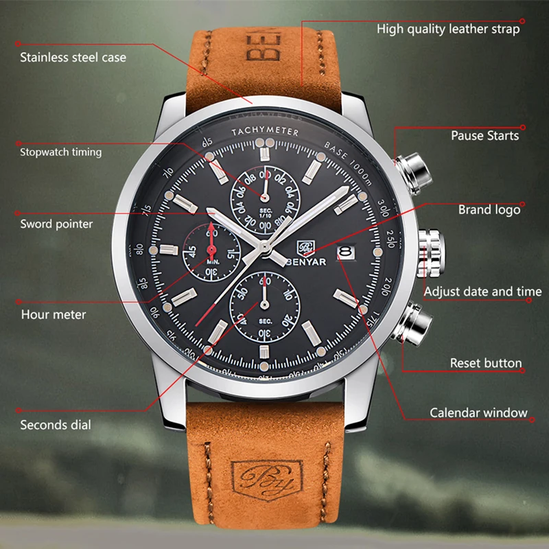 BENYAR Watches Men Luxury Brand Quartz Watch Fashion Chronograph Watch Reloj Hombre Sport Clock Male Hour Relogio Masculino 2022