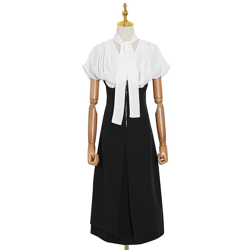 

Haute Couture Classic A Line Dress Female Scarf Green White Color Block V Neck Elegant Midi Dresses Top + Bottom 2 Pieces Set