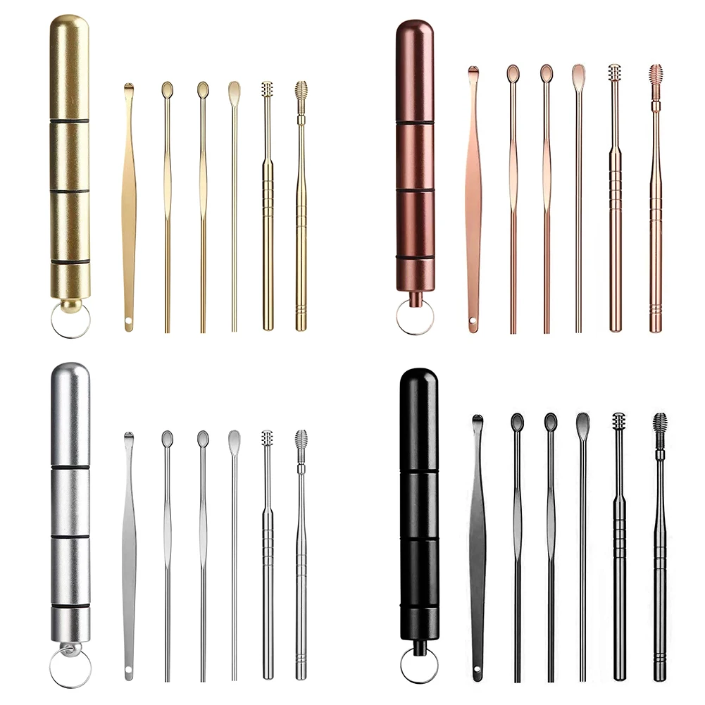 

6pcs Ear Wax Pickers Stainless Steel Spiral Earpick Wax Remover Curette Ear Pick Cleaner Spoon Ear Care Tools with Box