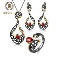 gems ballet natural red garnet gemstones ring earrings pendant sets 925 sterling silver handmade jewelry set for women