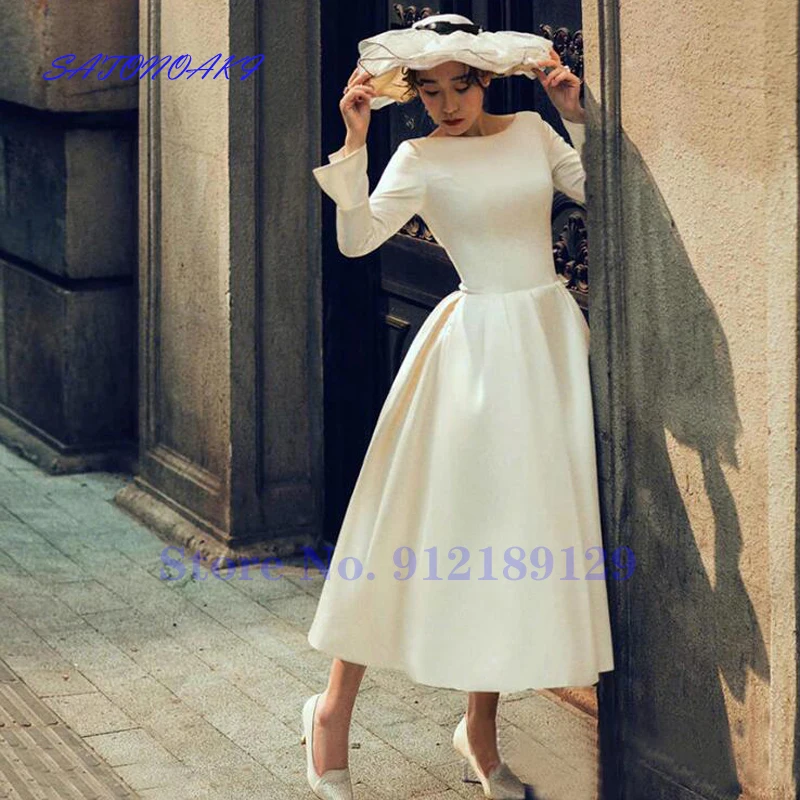 

Vestidos De Novia Vintage Tea Length Satin Short Wedding Dress Long Sleeves Open Back Jewel Neck Bride Gown 2021 Robe De Mariée