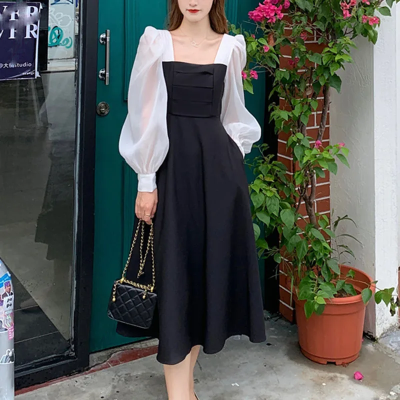 

2021 Autumn BlackPuff sleeve Midi Dress Women Sweet Elegant Evening Party Dress Female Casual Slim One Piece Dress Korean Chic