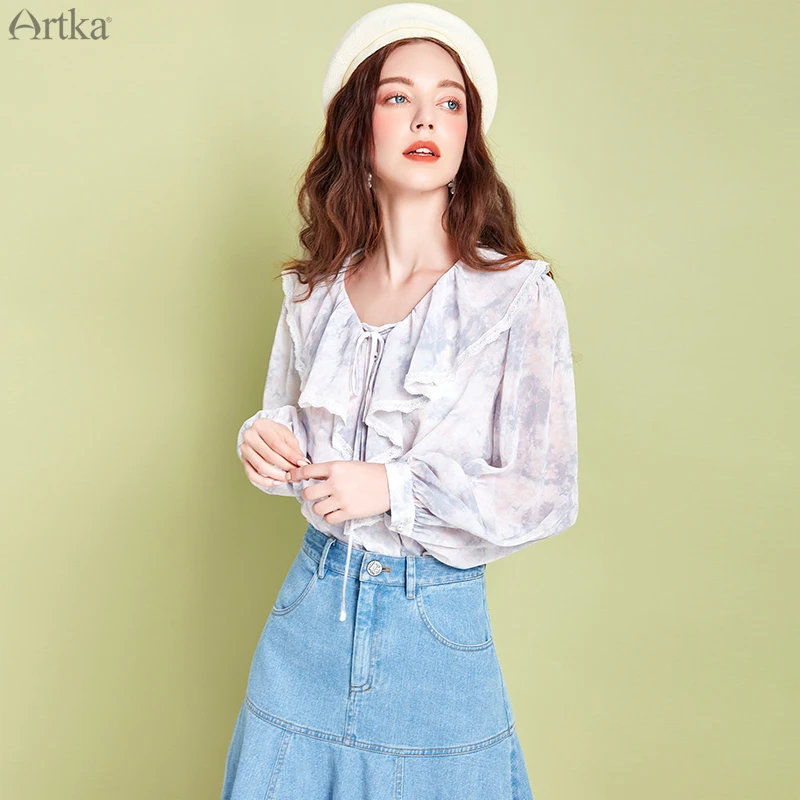 Женская блузка с длинным рукавом ARTKA элегантная шифоновая длинными рукавами и