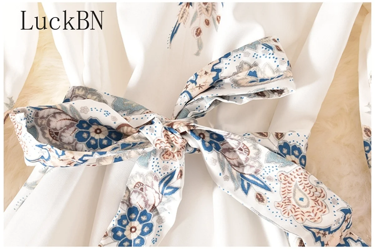 

Vintage Floral Print Maxi Dress Women Clothing BohoLong Sleeve Long Sashes Dress Turn O Neck Casual Shirt Dresses Robe 2021 New