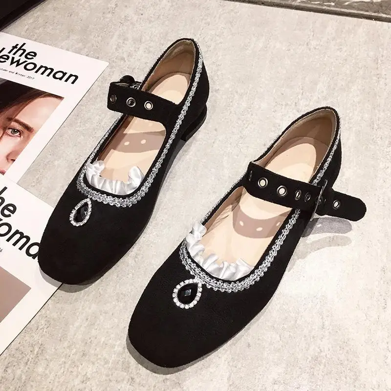 

Spring Ladies Dress Shoes Velvet Hepburn Shoes Mary Janes Vintage Black Buckle Pumps Lolita Shoes square toe heels for women