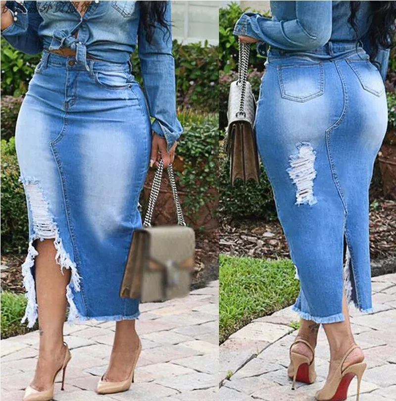 Женская джинсовая юбка макси размера плюс винтажная облегающая с высокой талией