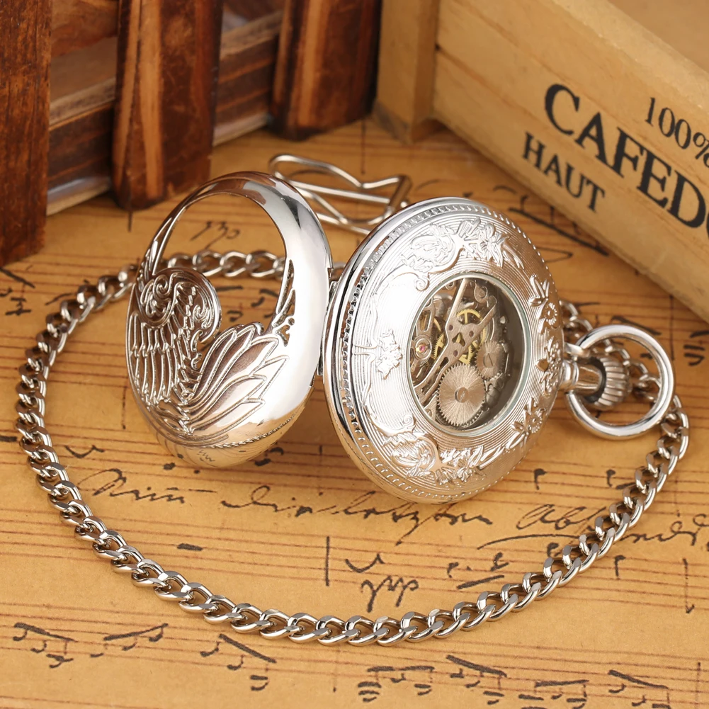 Bronze Silver Phoenix Mechanical Hand Wind Pocket Watch Half Hunter Hollow Skeleton Watch Pendant Fob Chain Clock Hours Gifts