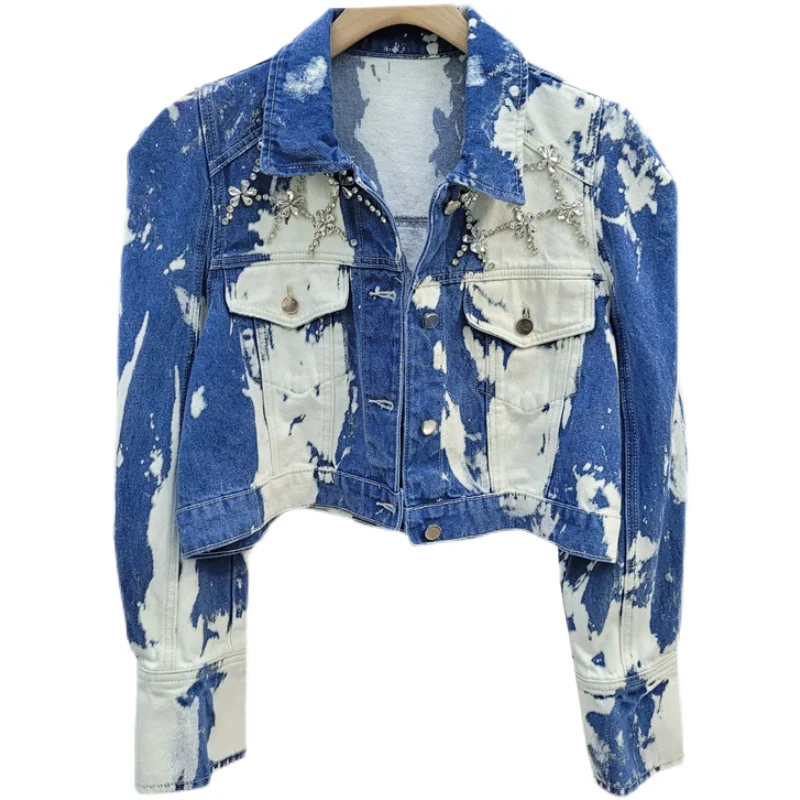 

2021 autumn street fashion diamond tie-dyed denim jacket for women lapel single breasted full sleeves short loose jean coat tops