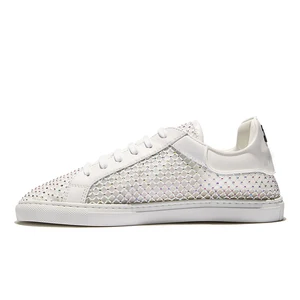 Fashion White Leather Rhinestone Mesh Patchwork Sneaker Bling Crystal Low Top Lace Up Flat Casual Shoes