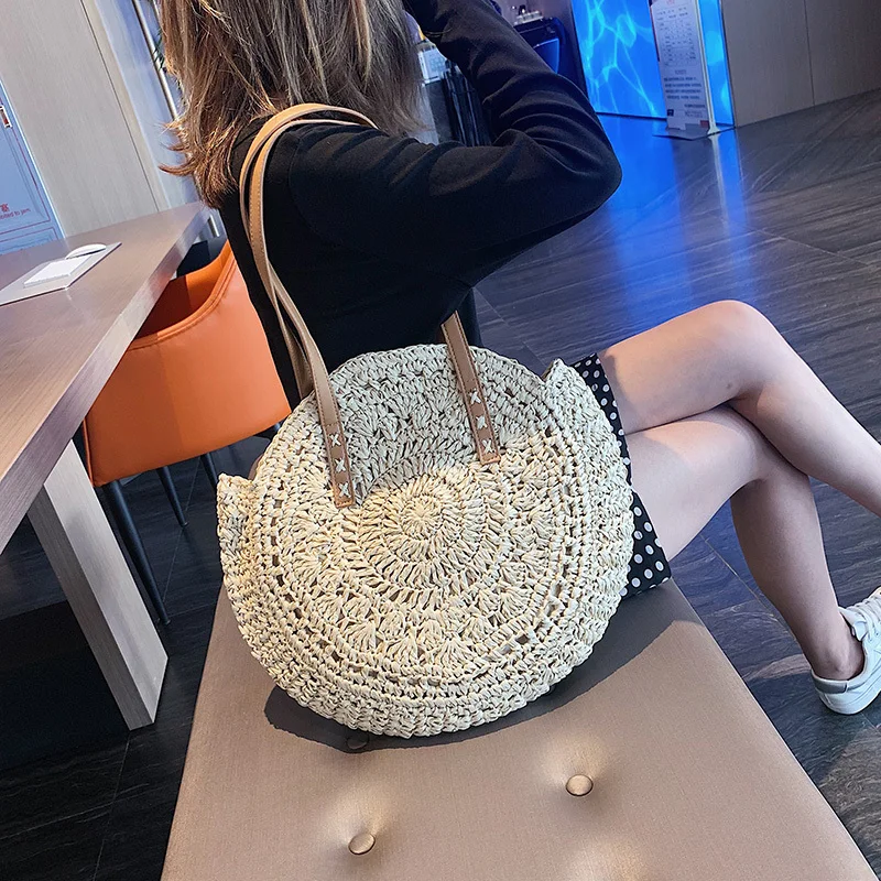 

Large Round Straw Bags For Women Summer Rattan Handbags Handmade Woven Beach Bags Fashion Hollow Bohemian Vintage Shoulder Bags
