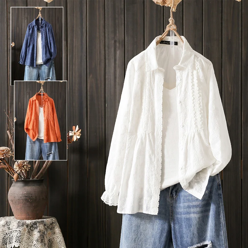 Женская плиссированная рубашка с длинным рукавом свободная из хлопка и льна