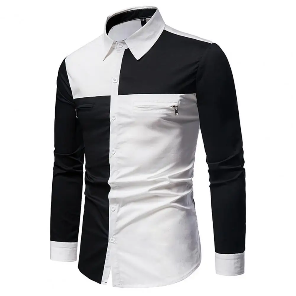 

Men Patchwork Long Sleeve Zipper Design Turn-down Collar Business Shirt Casual Fashion Male Blouse Streetwear for Daily Wear