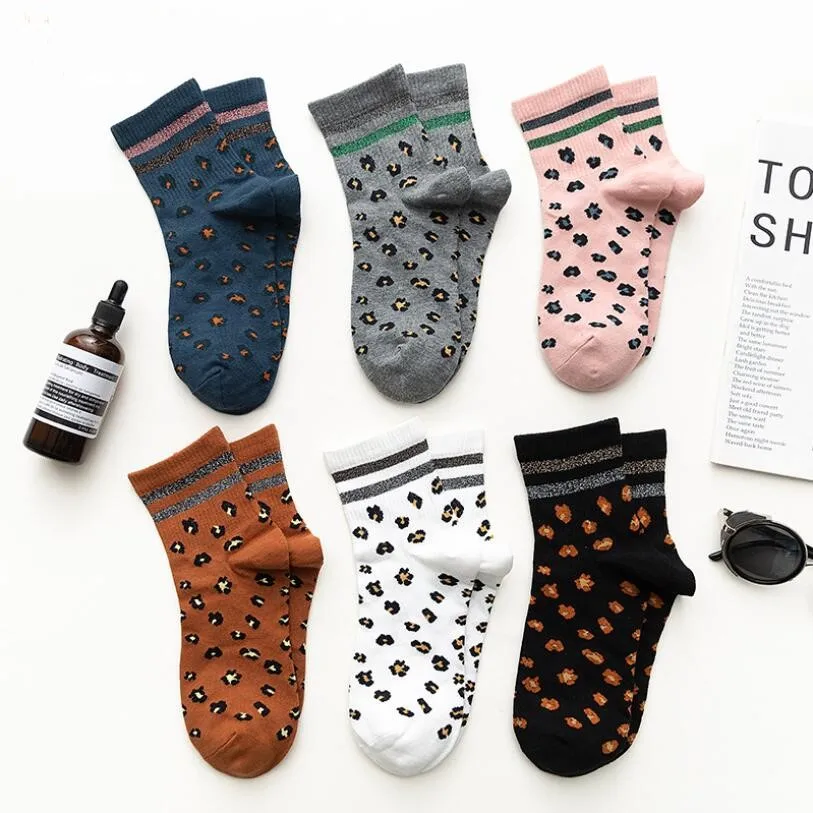 Women Solid Leopard Cotton Socks Lurex Striped Cuff Socks Stripes Warm Thick Winter Socks Girls Pink Grey Ankle Socks 6pairs/lot