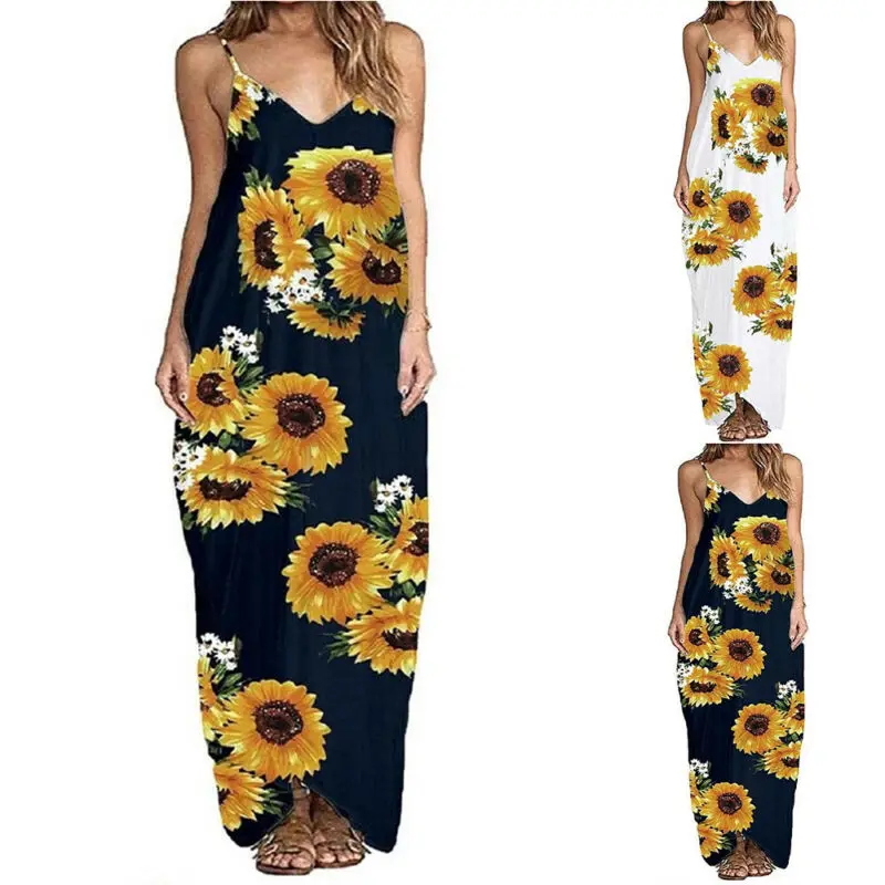 

Maxi Dress Womens Holiday Strappy Floral Printed Ladies Summer Sundress Beach Party Casual Sexy Dresses Robe Femme