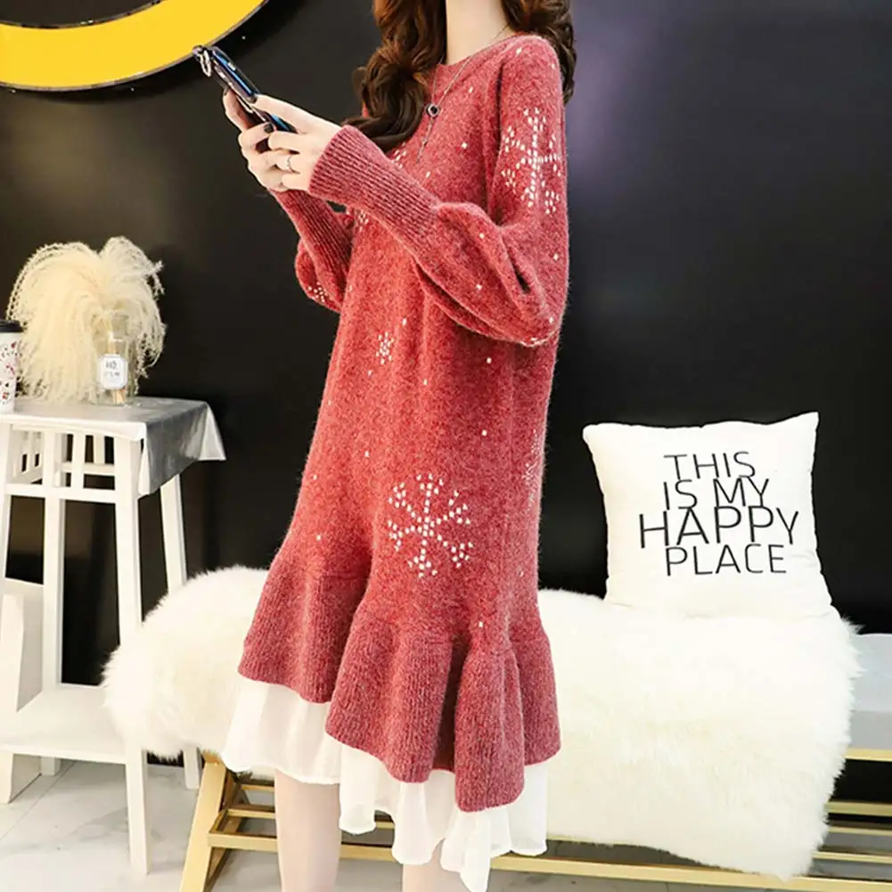

Christmas Sweater Dress Women Dress Spring Autumn Winter O-Neck Snowfake Knitted Dress Simple Red Elegant Dress