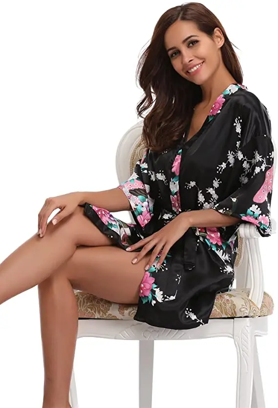 

Silk Satin Wedding Bride Bridesmaid Robe Floral Bathrobe Short Kimono Robe Night Robe Bath Robe Fashion Dressing Gown For Women