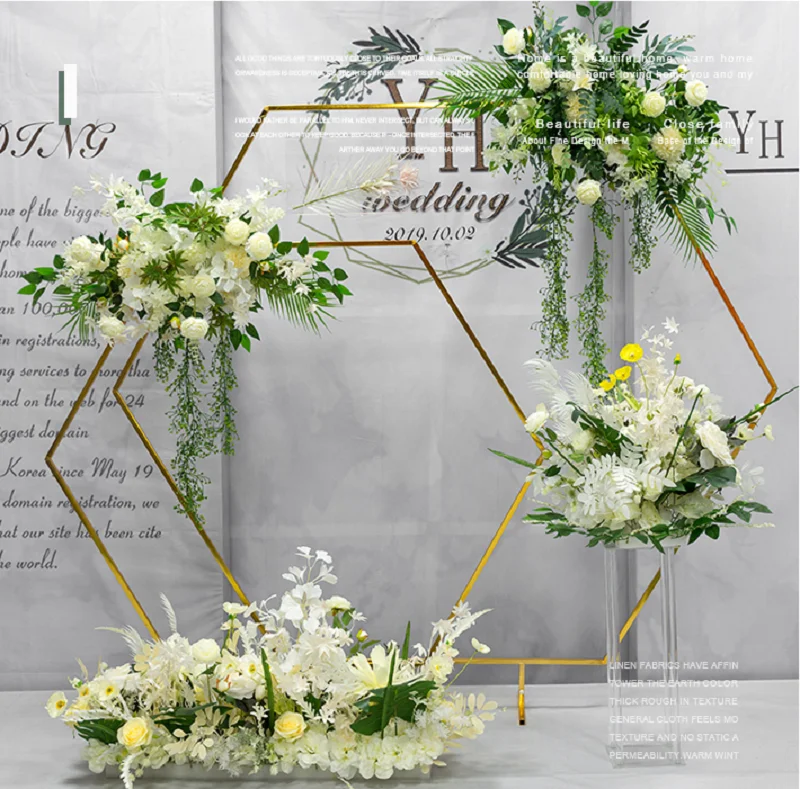 

Shiny Gold Hexagonal Arch Outdoor Lawn Flower Plinth Iron Frame Wedding Party Background Props Billboard Balloons Backdrop