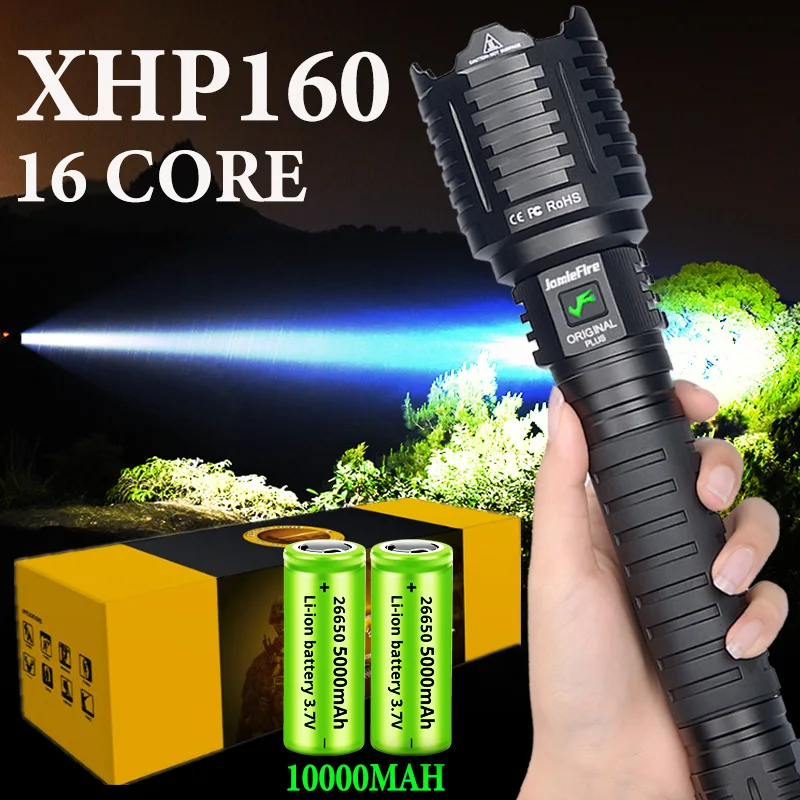 Tocha de Mão Mais Poderosa Lanterna Luz Brilhante Xhp90 10000mah Auto-defesa Tático Caça Tocha Xhp160 16-core
