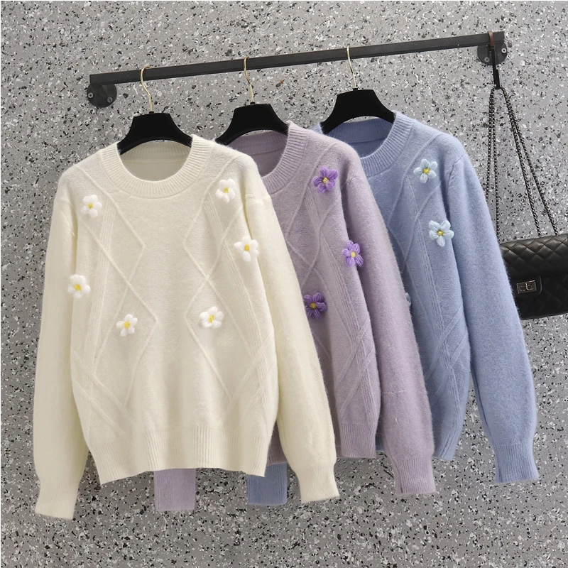 

Flower Sweet Knitted Plus Large Size Oversize Korean Style Fashion Pullovers For Autumn Women'S Clothing Ladies Sweaters 2021