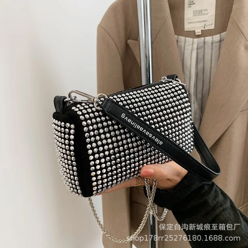

Classic Trendy Brand Luxry Design Fashion Rhinestone Bag PU Leather One Shoulder Women Handbag Retro Small Square Underarm Bag