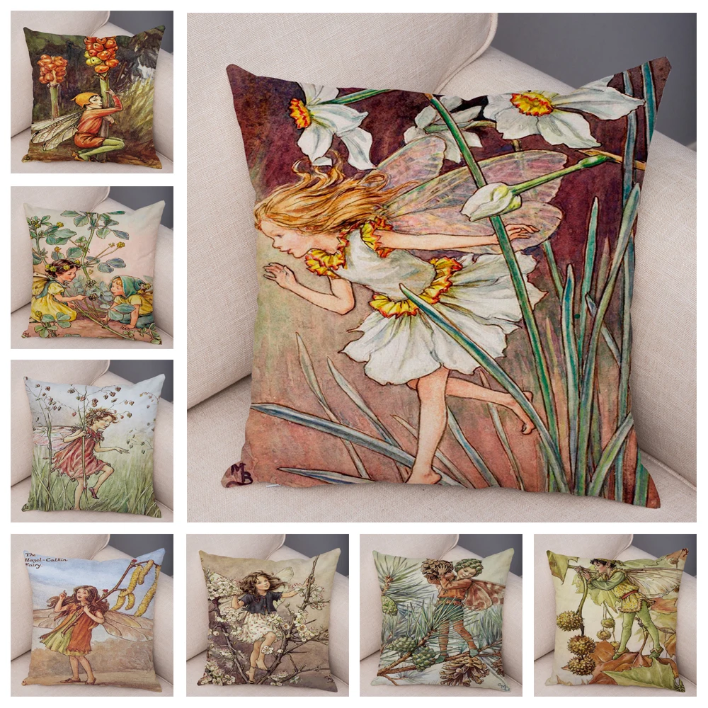 Vintage Cartoon Elves  Cushion Cover Decor Colorful Fairy Tale World Pillow Case Plush Flower Girl Pillowcase for Sofa Home