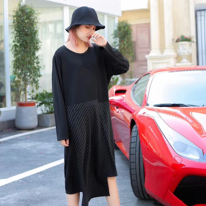 CHICEVER 2020 весеннее лоскутное Полосатое платье для женщин с круглым вырезом длинным