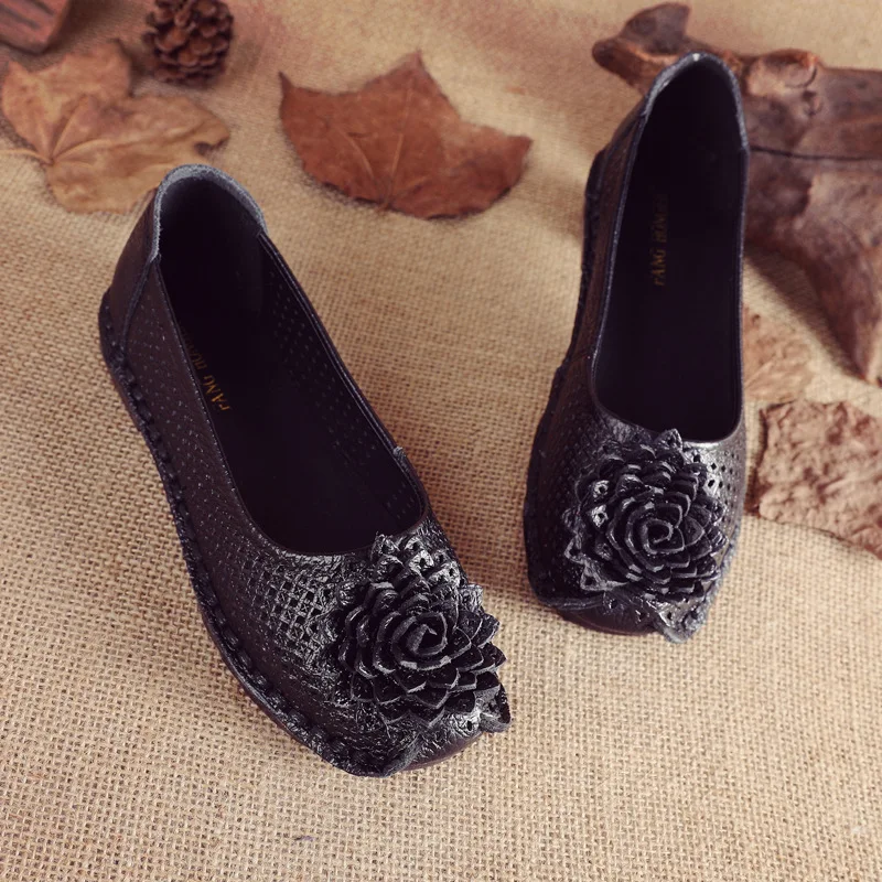 

2020 New Classic Flowers Hollow Genuine Leather Shoes Woman's Flats Soft Bottom Comfortable Breathable Shoes Woman Stylish Shoes